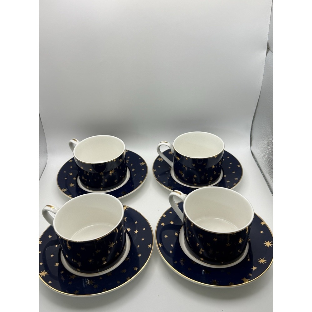Vtg Sakura Galaxy Blue Cup and Saucer 14K Gold‎ Stars Cobalt Dinnerware 4 Sets